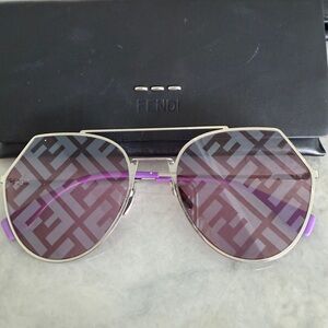Fendi FF Logo Lens Aviator Sunglasses Gold Frame Purple Arms Statement Rare